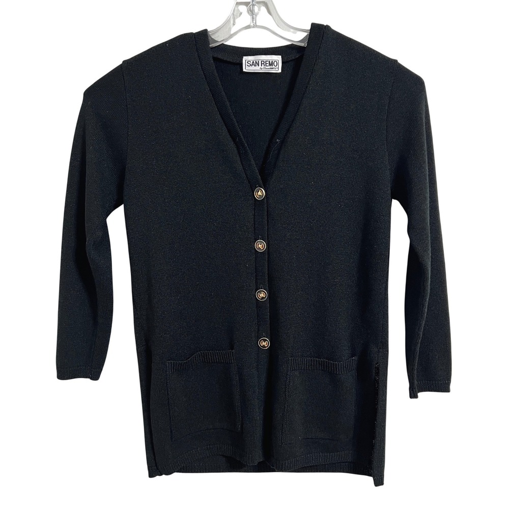 San Remo by Laura Knits Black‎ Chic Button Front Cardigan Sweater M Old Money